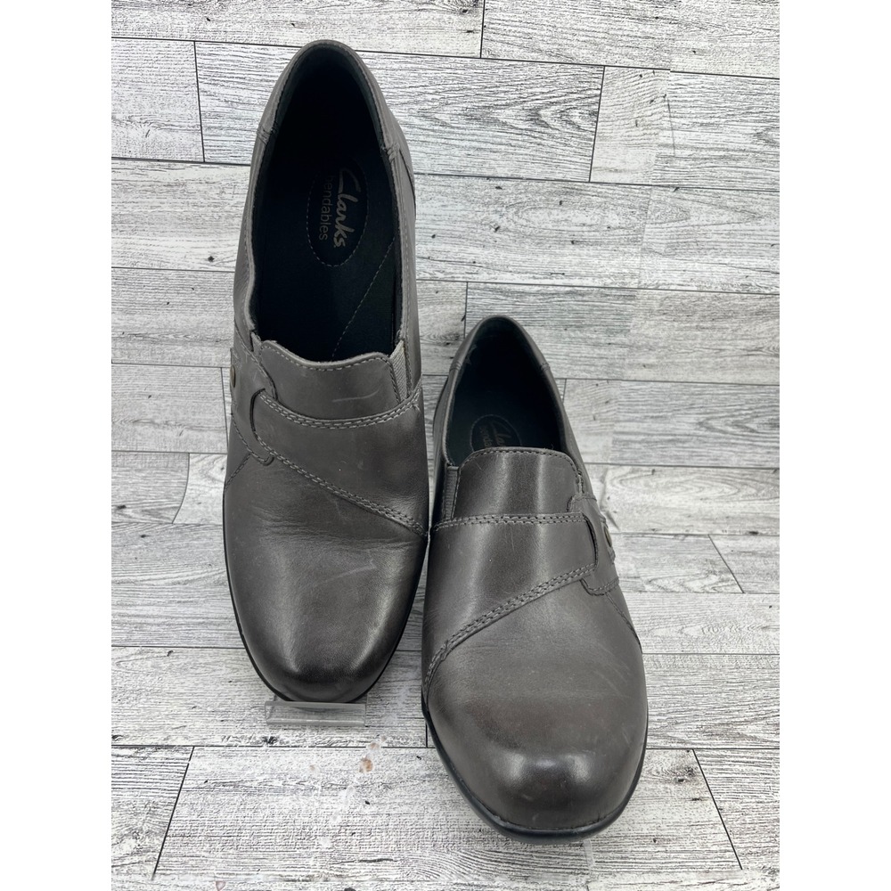 Clarks‎ Bendables Women Size 9.5M Dark Gray Leather Slip On Loafers Block Heel